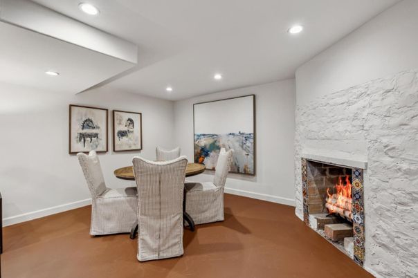 Dining room, Fireplace, Interior, Recessed Lighting