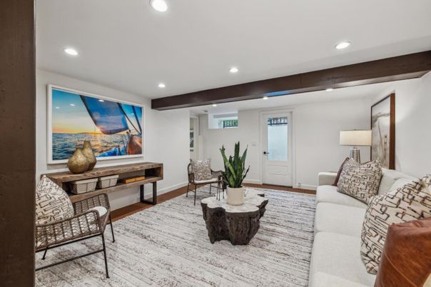 Interior, Living room, Recessed Lighting, Wooden Beams