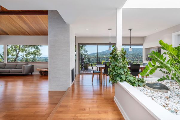 Dining room, Fireplace, Interior, Pendant Lights, Recessed Lighting, Wooden Ceilings, Wood Texture Flooring