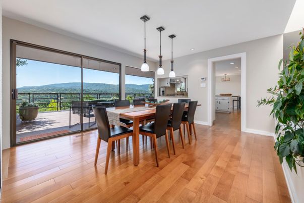 Dining room, Interior, Kitchen, Pendant Lights, Recessed Lighting, Wood Texture Flooring