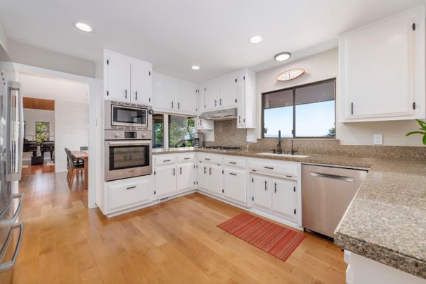 Interior, Kitchen, Recessed Lighting, Stainless Steel Appliances, Wood Texture Flooring