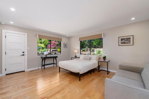 Bedroom, Interior, Recessed Lighting, Wood Texture Flooring
