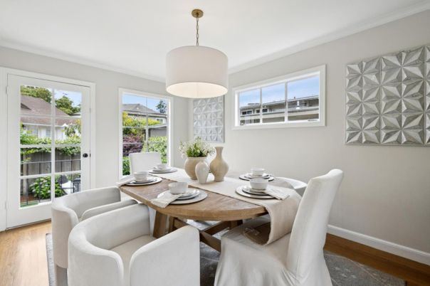Dining room, Interior, Pendant Lights, Wood Texture Flooring