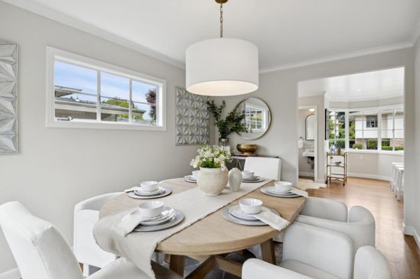 Dining room, Interior, Pendant Lights, Wood Texture Flooring