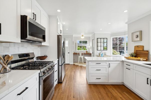 Interior, Kitchen, Recessed Lighting, Stainless Steel Appliances, Wood Texture Flooring