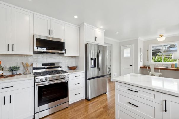Interior, Kitchen, Recessed Lighting, Stainless Steel Appliances, Wood Texture Flooring