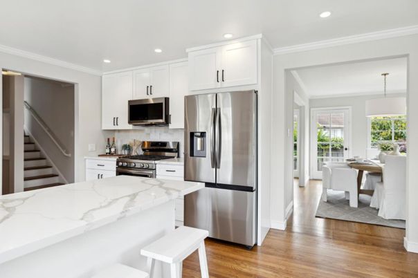 Interior, Kitchen, Recessed Lighting, Stainless Steel Appliances, Wood Texture Flooring