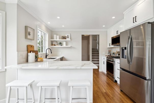 Interior, Kitchen, Recessed Lighting, Stainless Steel Appliances, Wood Texture Flooring