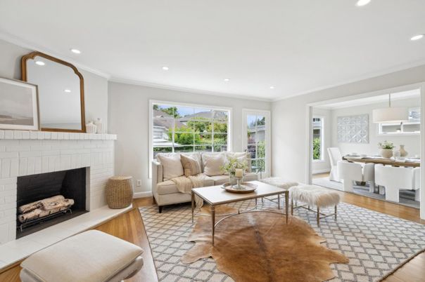 Dining room, Fireplace, Interior, Living room, Pendant Lights, Recessed Lighting, Wood Texture Flooring