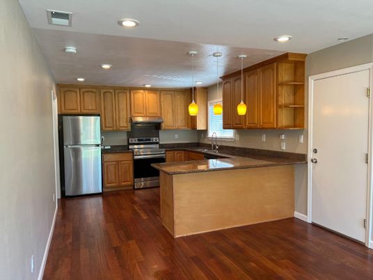 Interior, Kitchen, Pendant Lights, Recessed Lighting, Stainless Steel Appliances, Wood Texture Flooring