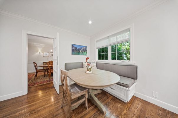 Dining room, Interior, Recessed Lighting, Wood Texture Flooring