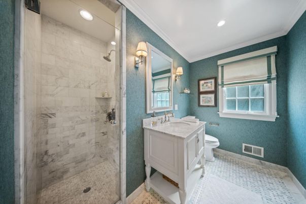 Bathroom, Glass Shower, Interior, Marble Walls, Recessed Lighting