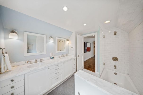 Bathroom, Dual Sink Vanities, Glass Shower, Interior, Recessed Lighting, Wood Texture Flooring