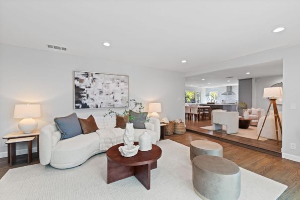 Dining room, Interior, Living room, Recessed Lighting, Wood Texture Flooring