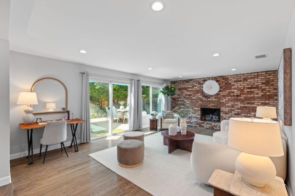 Fireplace, Home Office, Interior, Living room, Recessed Lighting, Stone Walls, Wood Texture Flooring