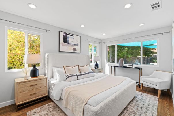 Bedroom, Interior, Recessed Lighting, Wood Texture Flooring