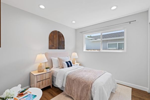 Bedroom, Interior, Recessed Lighting, Wood Texture Flooring