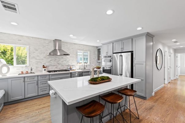 Interior, Kitchen, Recessed Lighting, Stainless Steel Appliances, Wood Texture Flooring