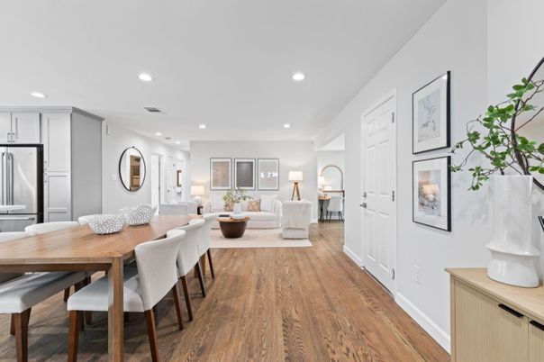 Dining room, Interior, Kitchen, Living room, Recessed Lighting, Stainless Steel Appliances, Wood Texture Flooring