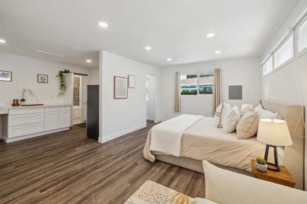 Bedroom, Interior, Recessed Lighting, Wood Texture Flooring