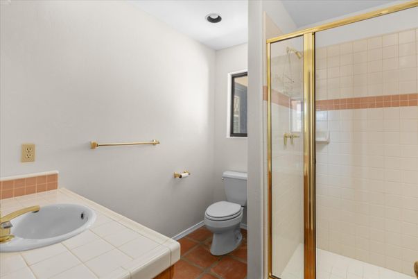 Bathroom, Glass Shower, Interior, Recessed Lighting, Tile Countertops