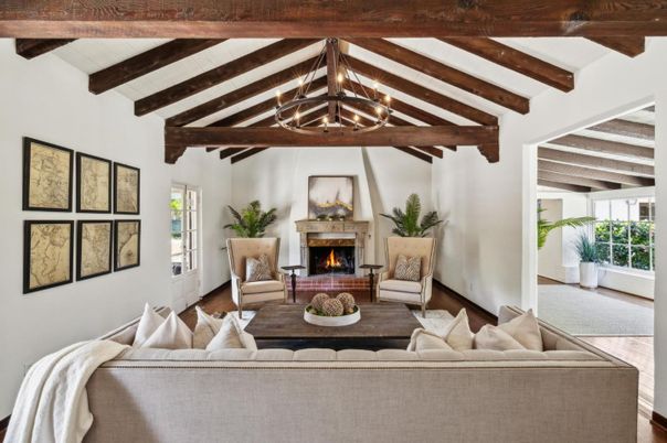 Chandelier, Fireplace, Interior, Living room, Wooden Beams, Wood Texture Flooring