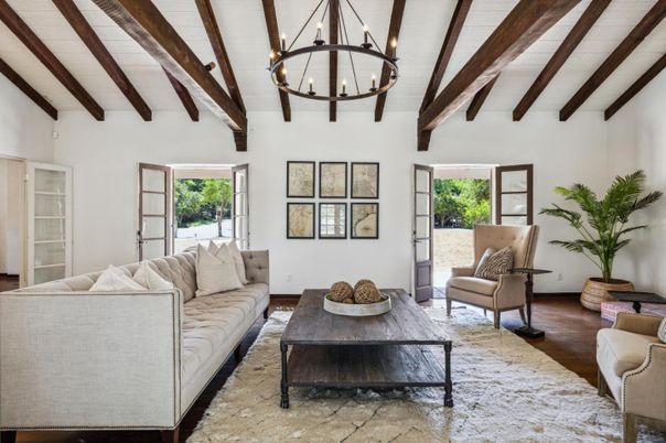 Chandelier, Interior, Living room, Pendant Lights, Wooden Beams, Wood Texture Flooring