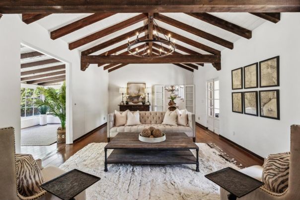 Chandelier, Interior, Living room, Wooden Beams, Wood Texture Flooring