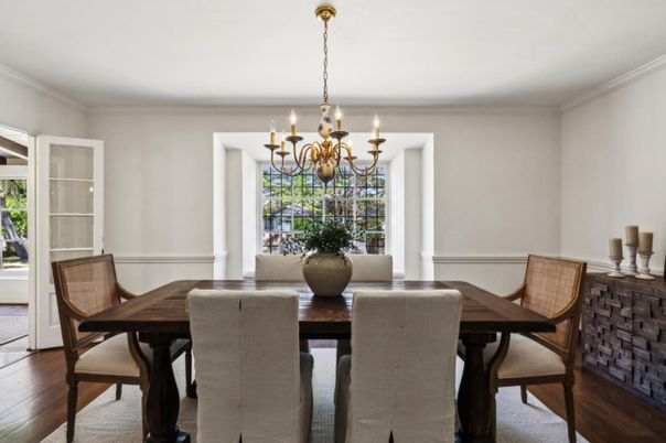 Chandelier, Dining room, Interior, Wood Texture Flooring
