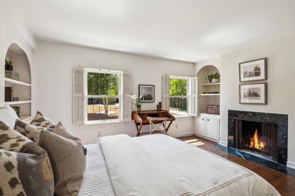 Bedroom, Fireplace, Interior, Wood Texture Flooring