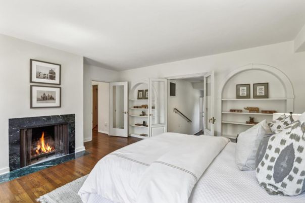 Bedroom, Fireplace, Interior, Wood Texture Flooring