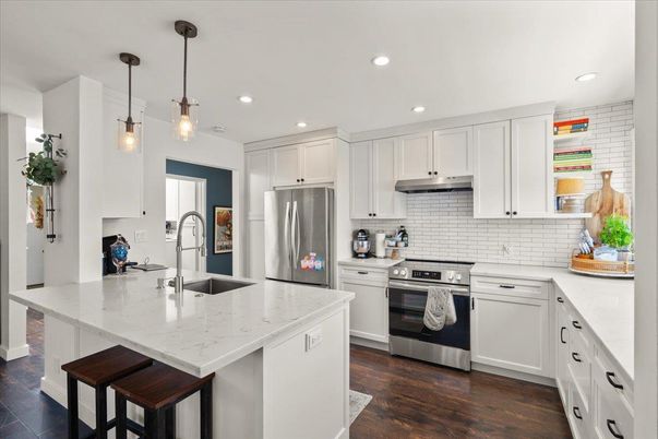 Interior, Kitchen, Pendant Lights, Recessed Lighting, Stainless Steel Appliances, Wood Texture Flooring