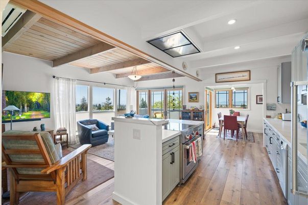 Dining room, Interior, Kitchen, Living room, Pendant Lights, Recessed Lighting, Wooden Beams, Wooden Ceilings, Wood Texture Flooring