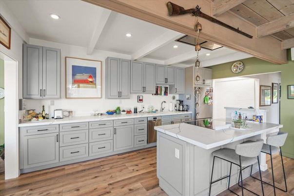Interior, Kitchen, Pendant Lights, Recessed Lighting, Wooden Beams, Wood Texture Flooring