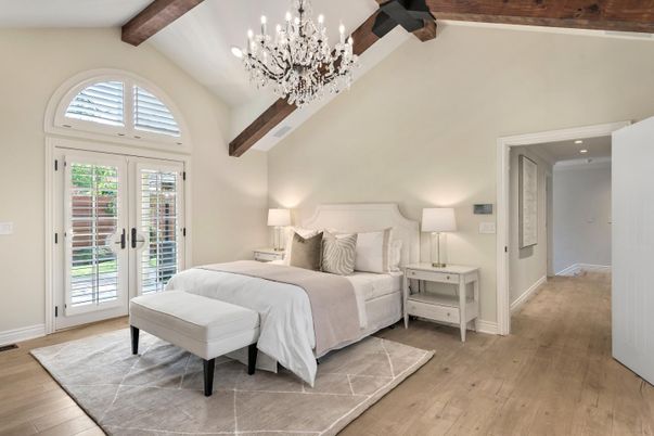 Bedroom, Chandelier, Interior, Recessed Lighting, Wooden Beams, Wood Texture Flooring