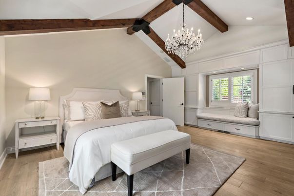 Bedroom, Chandelier, Interior, Recessed Lighting, Wooden Beams, Wood Texture Flooring