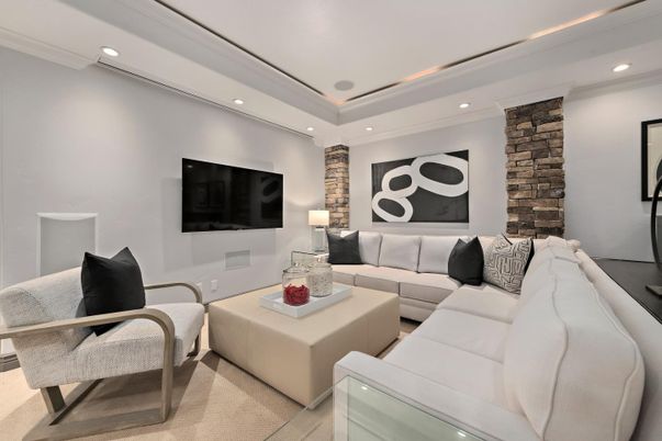 Interior, Living room, Recessed Lighting, Stone Walls