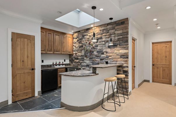 Interior, Kitchen, Pendant Lights, Recessed Lighting, Stone Walls