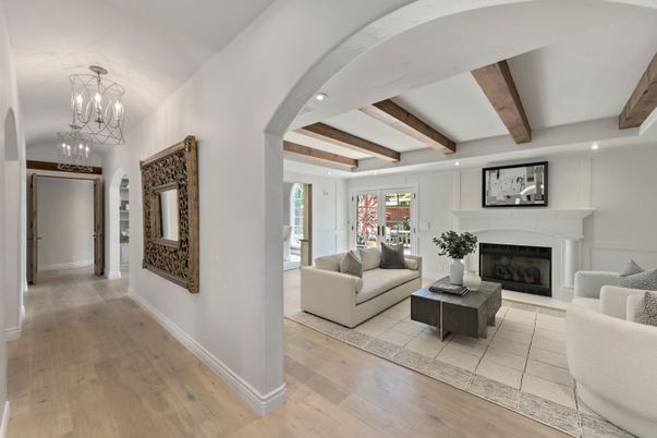 Fireplace, Interior, Living room, Pendant Lights, Recessed Lighting, Wooden Beams, Wood Texture Flooring