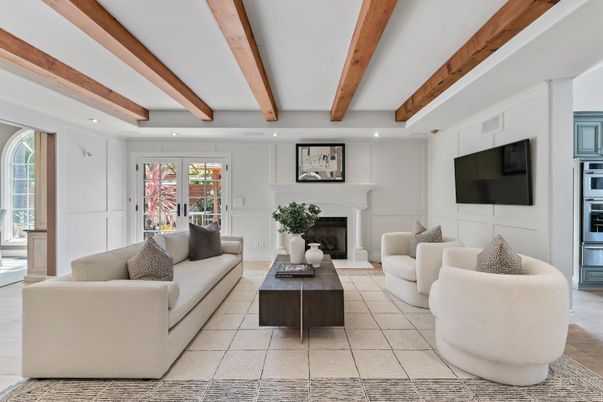 Fireplace, Interior, Living room, Recessed Lighting, Wooden Beams