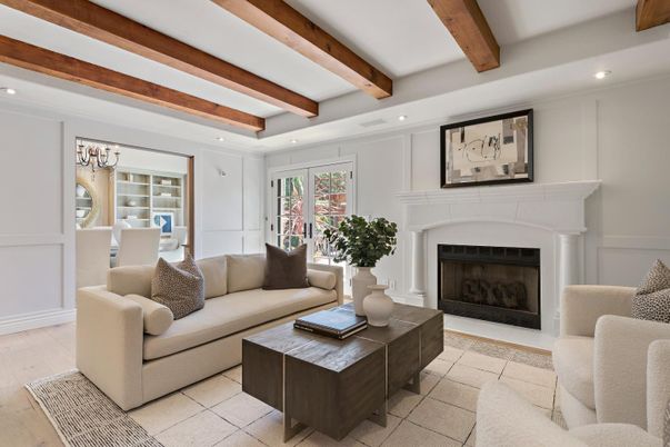 Chandelier, Fireplace, Interior, Living room, Recessed Lighting, Wooden Beams, Wood Texture Flooring