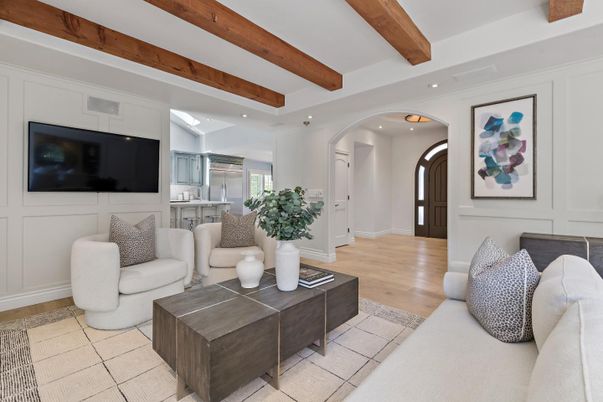 Interior, Living room, Recessed Lighting, Wooden Beams, Wood Texture Flooring