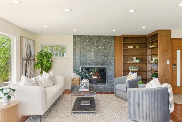 Fireplace, Interior, Living room, Recessed Lighting, Wood Texture Flooring