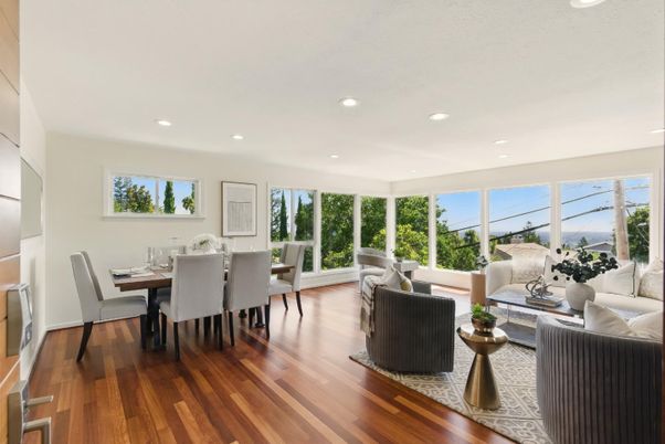 Dining room, Interior, Living room, Recessed Lighting, Wood Texture Flooring
