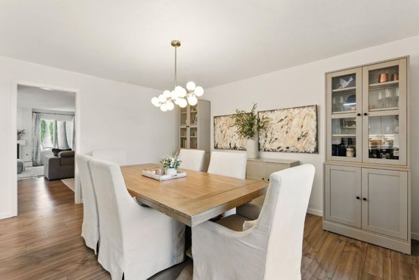Dining room, Interior, Pendant Lights, Wood Texture Flooring