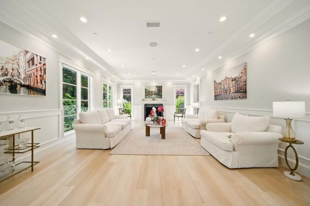 Fireplace, Interior, Living room, Recessed Lighting, Wood Texture Flooring