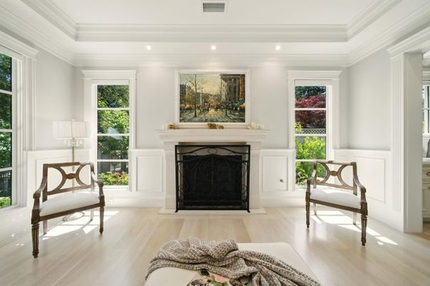 Fireplace, Interior, Recessed Lighting, Wood Texture Flooring