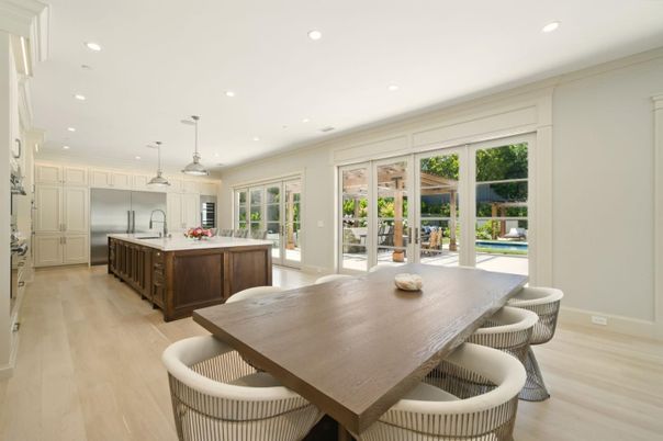 Dining room, Interior, Kitchen, Pendant Lights, Recessed Lighting, Stainless Steel Appliances, Wood Texture Flooring