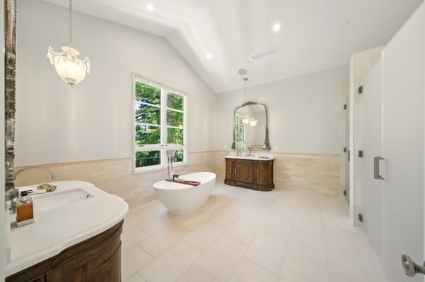 Bathroom, Dual Sink Vanities, Free Standing Baths, Interior, Pendant Lights, Recessed Lighting