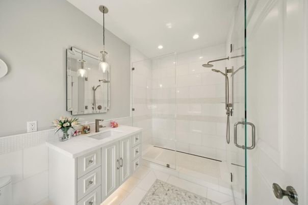 Bathroom, Dual Sink Vanities, Glass Shower, Interior, Pendant Lights, Recessed Lighting